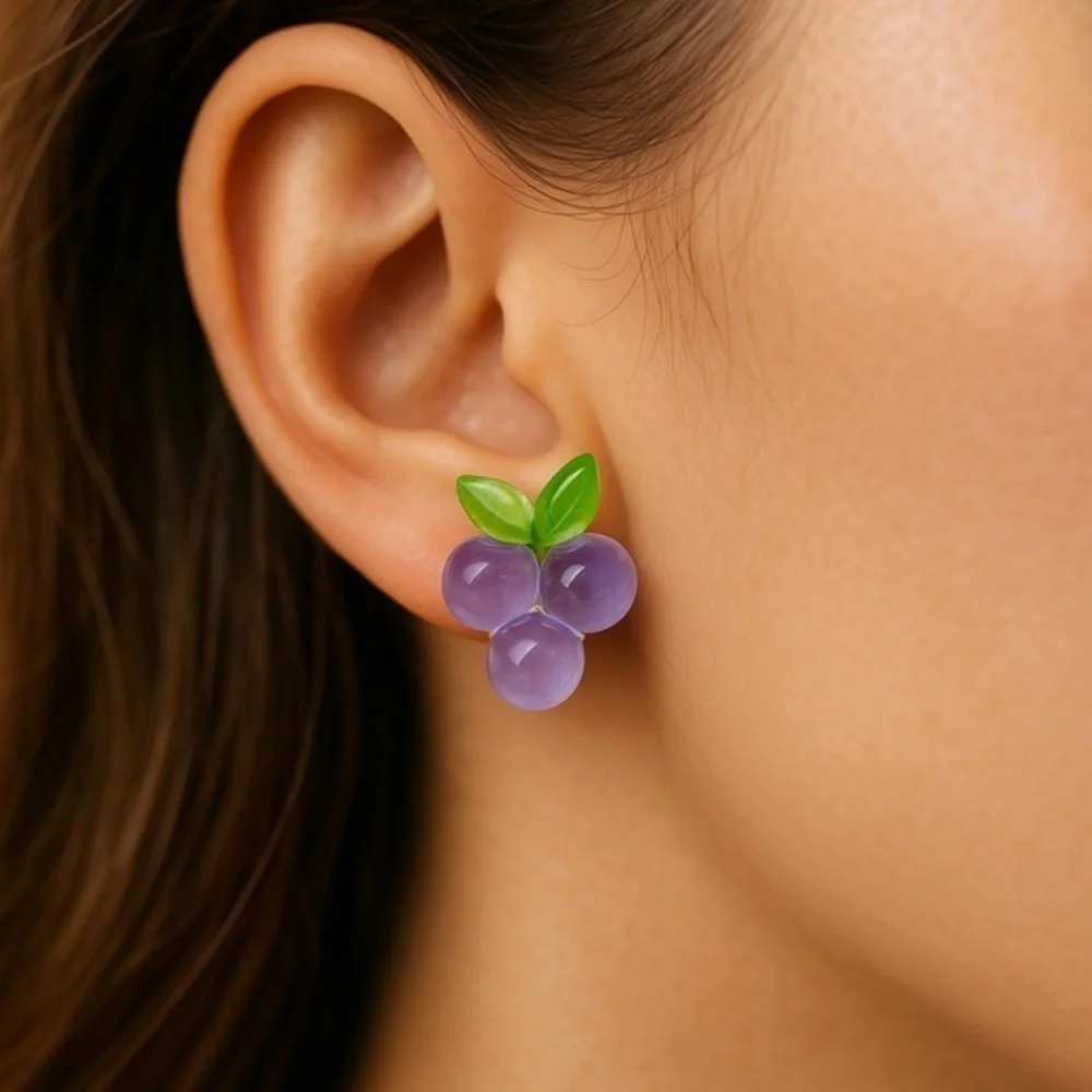 Cute Grape Stud Earrings Purple Green Acrylic Fruit Design‎ – Kawaii Style new